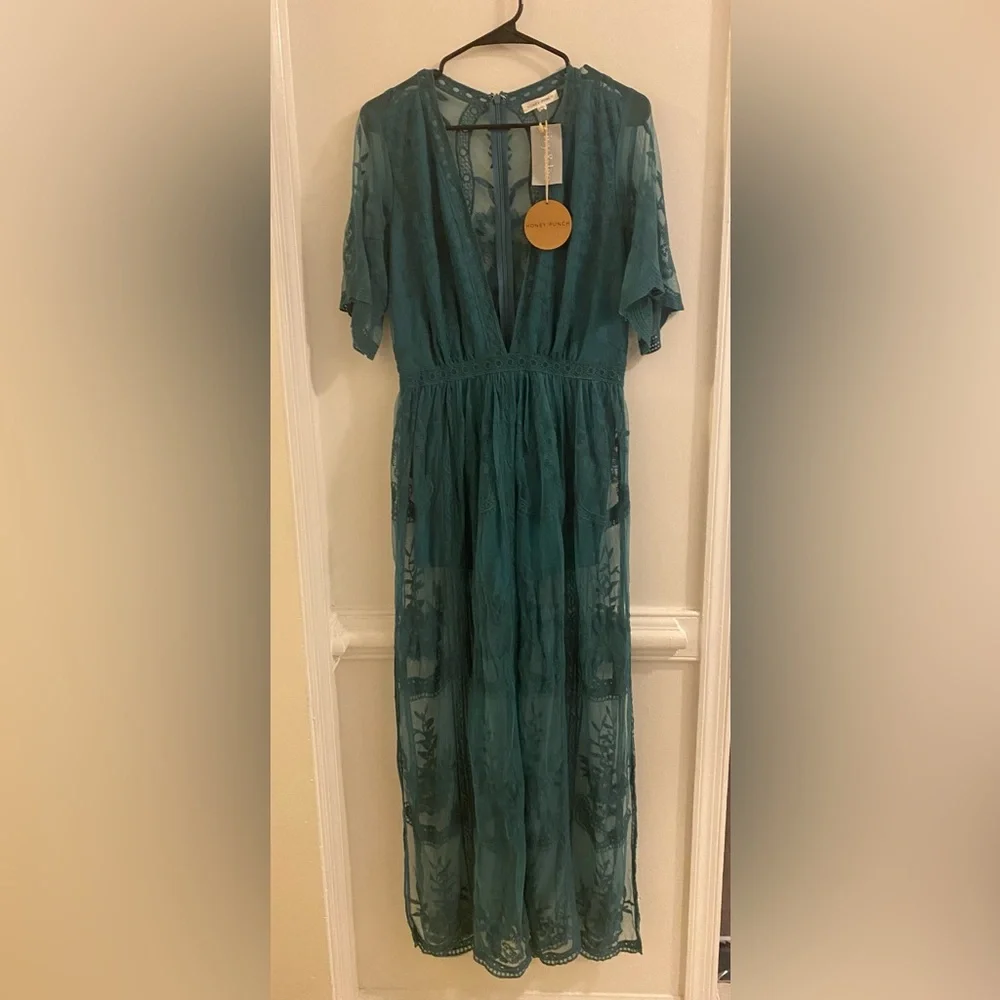 Honey Punch Teal Lace Maxi Dress - Picture 1 of 5